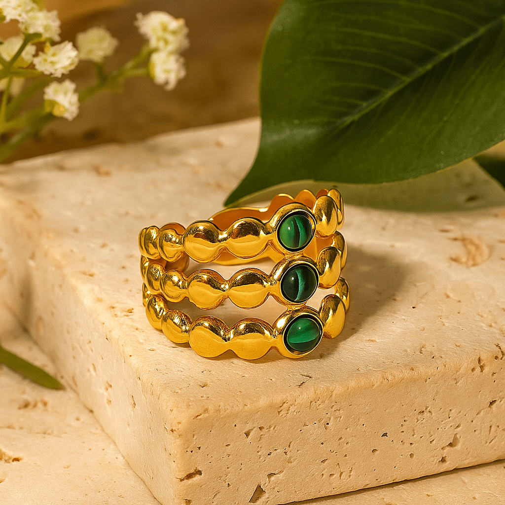 Bague Triple Dorée avec Pierres de Malachite