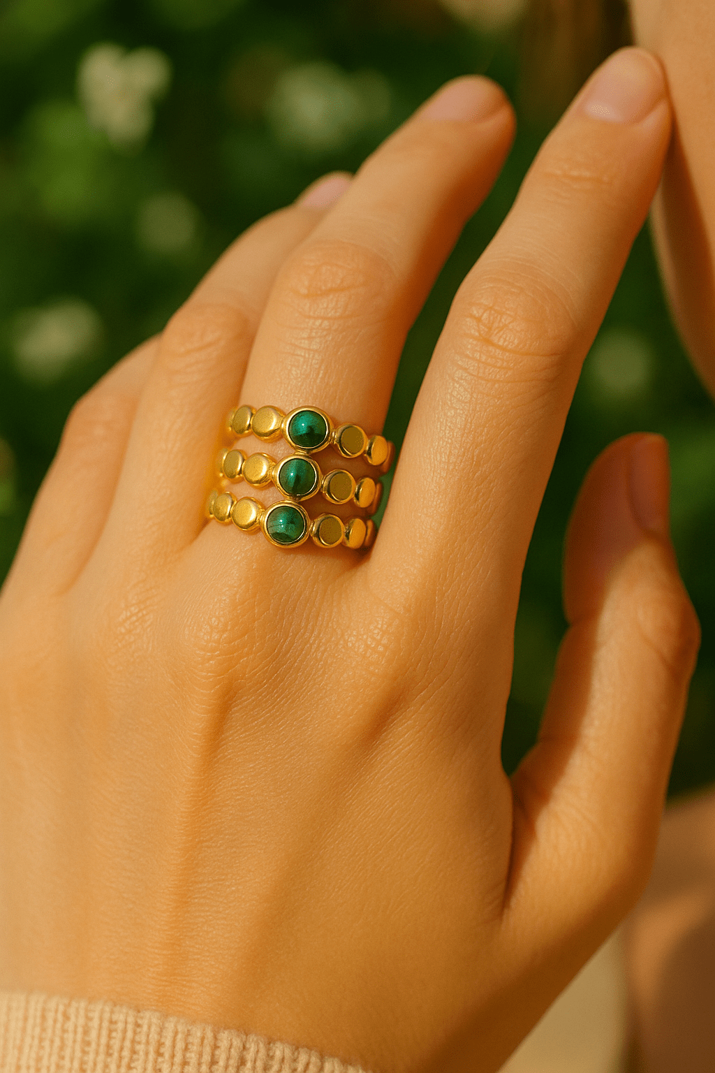 Bague Triple Dorée avec Pierres de Malachite