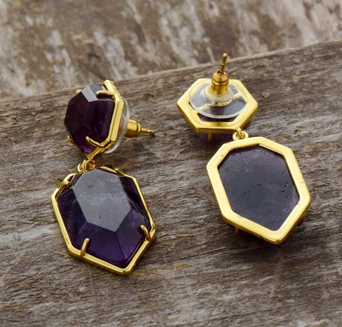 ✨ Boucles d’Oreilles “Éclat Divin” en Quartz Rose & Améthyste – Fait Main (5 cm)