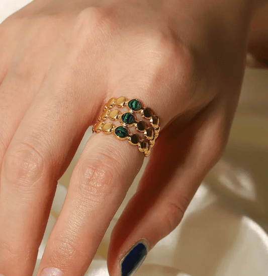 Bague Triple Dorée avec Pierres de Malachite