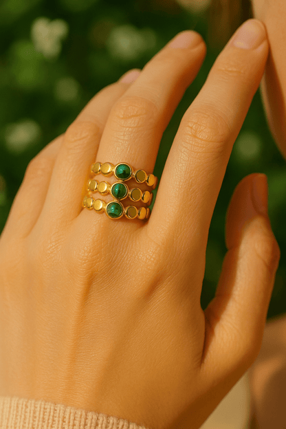 Bague Triple Dorée avec Pierres de Malachite