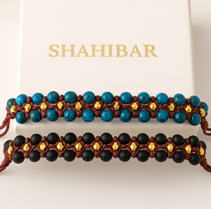 Bracelet en Onyx Mat & Perles Dorées – Tressage artisanal