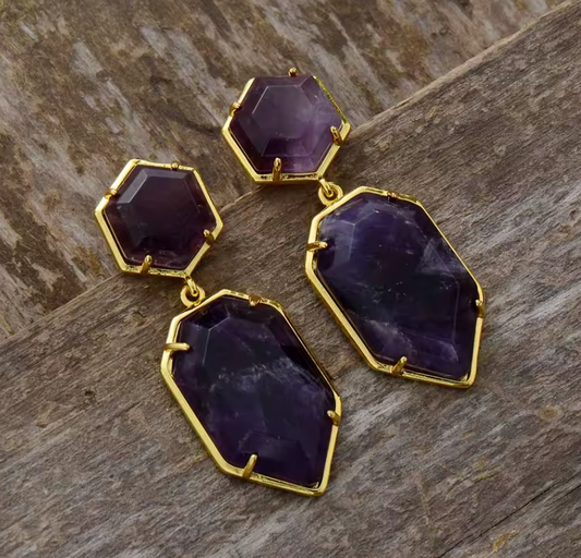 ✨ Boucles d’Oreilles “Éclat Divin” en Quartz Rose & Améthyste – Fait Main (5 cm)