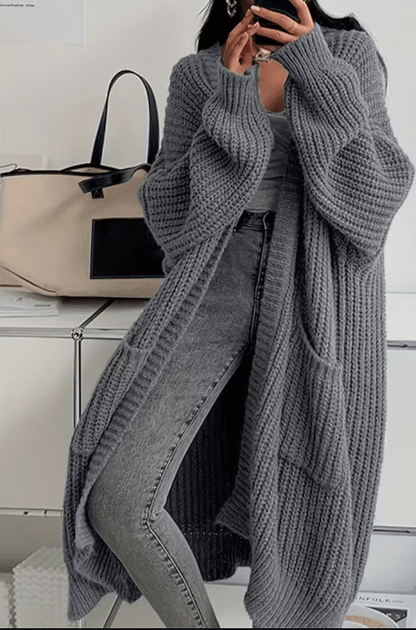 Cardigan Long Chic en Maille – Gris Élégant