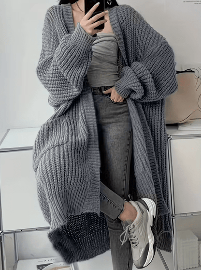 Cardigan Long Chic en Maille – Gris Élégant