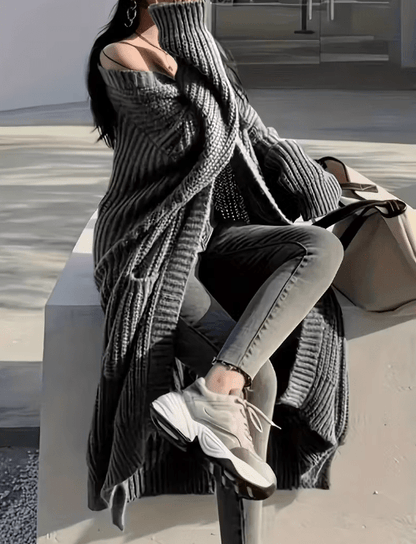 Cardigan Long Chic en Maille – Gris Élégant