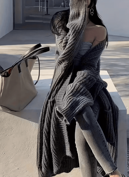 Cardigan Long Chic en Maille – Gris Élégant