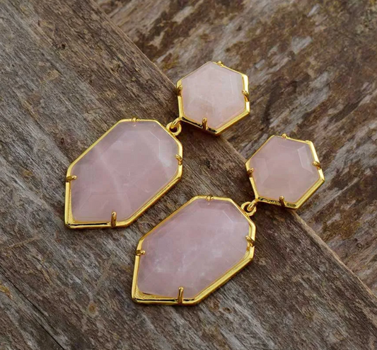 ✨ Boucles d’Oreilles “Éclat Divin” en Quartz Rose & Améthyste – Fait Main (5 cm)